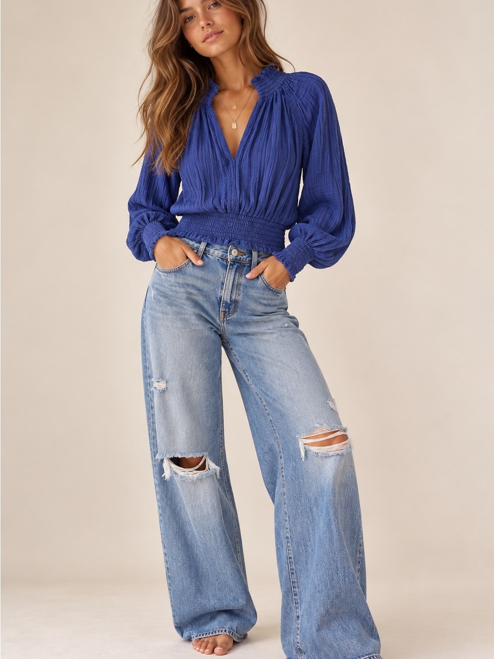 Free People Smocked Waist Peasant Blouse - Royal Blue